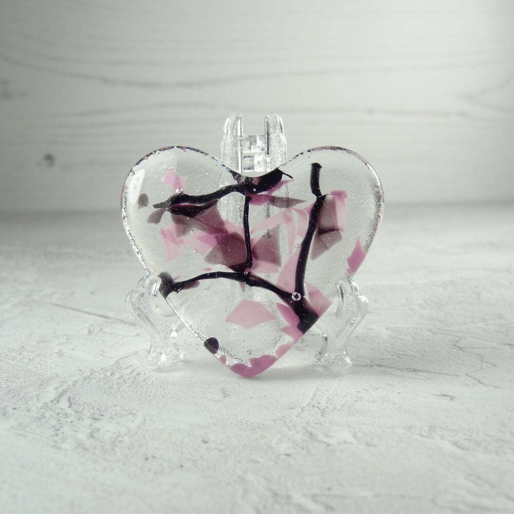 Handcrafted pink purple & black fused glass heart with a stand - 5 cm (+/-) heart (#286)