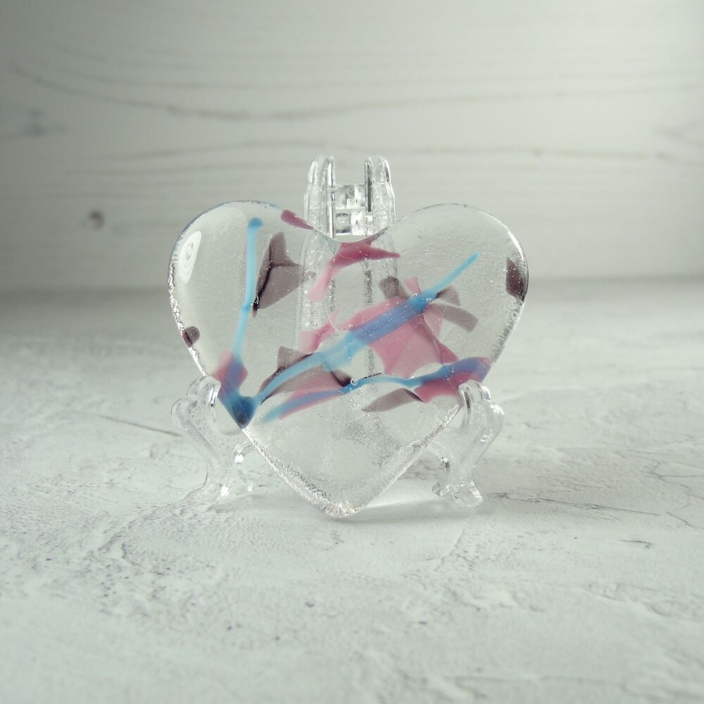Handcrafted pink purple & blue fused glass heart with a stand - 5 cm (+/-) heart (#250)