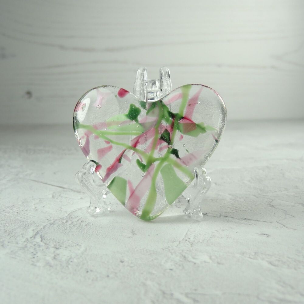 Handcrafted pink & green fused glass heart with a stand - 5 cm (+/-) heart (#342)