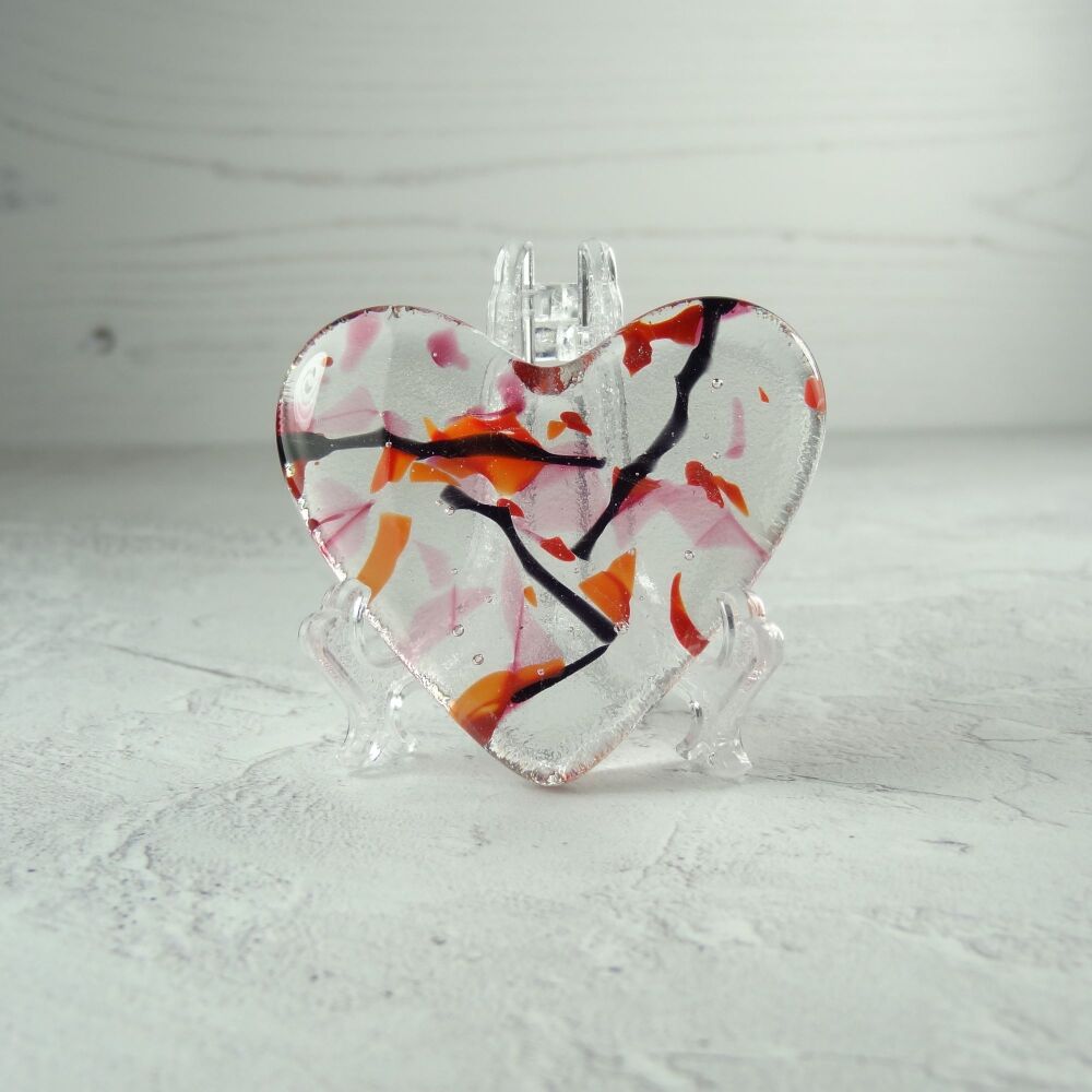 Handcrafted pink red & black fused glass heart with a stand - 5 cm (+/-) heart (#316)