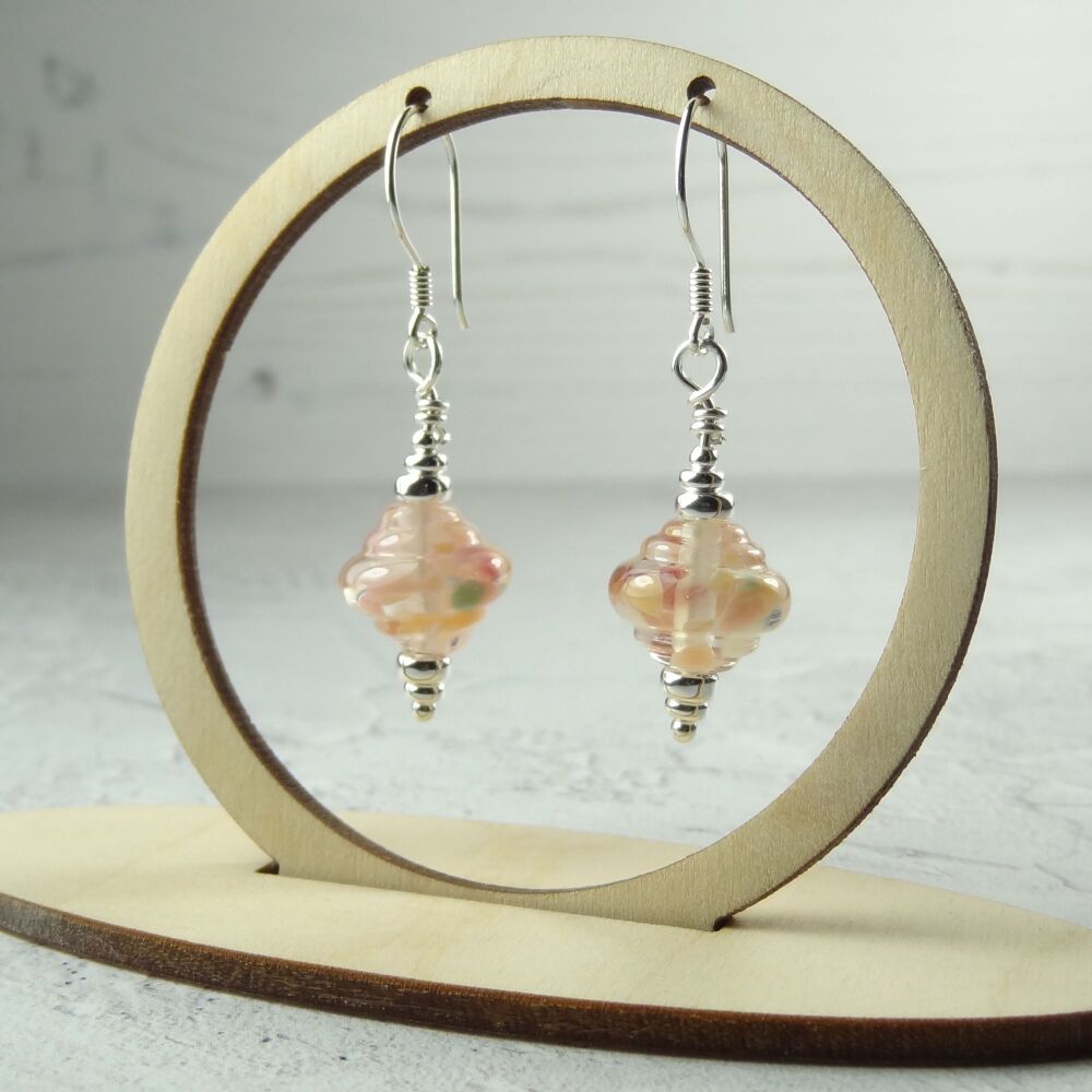 Pink handcrafted artisan lampwork glass & sterling silver drop earrings ~ length 45mm (LH#23)