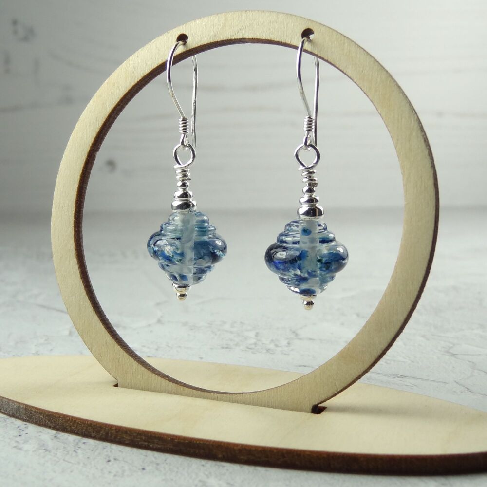 Blue speckled handcrafted artisan lampwork glass & sterling silver drop earrings ~ length 42mm (LH#30)