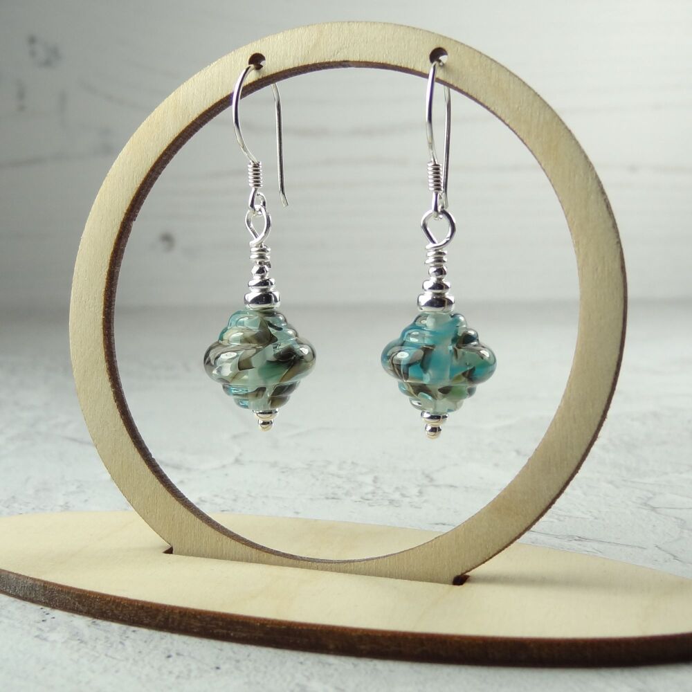 Turquoise speckled handcrafted artisan lampwork glass & sterling silver drop earrings ~ length 42mm (LH#52)