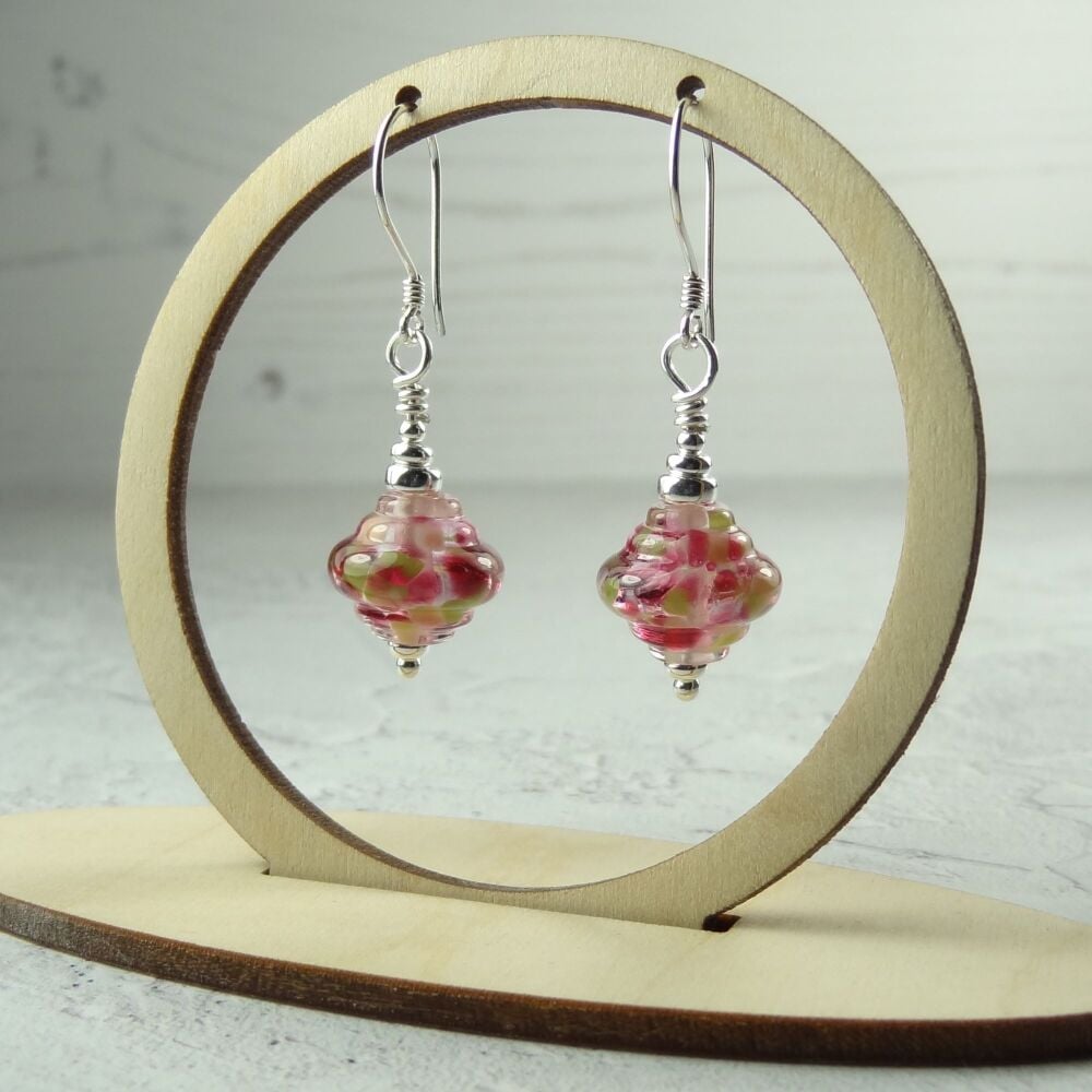 Pink speckled handcrafted artisan lampwork glass sterling silver drop earri