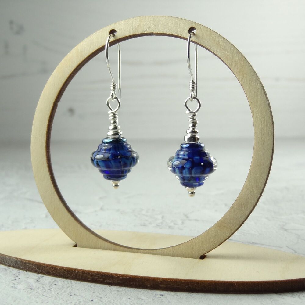 Blue handcrafted artisan lampwork glass & sterling silver drop earrings ~ length 41mm (LH#72)
