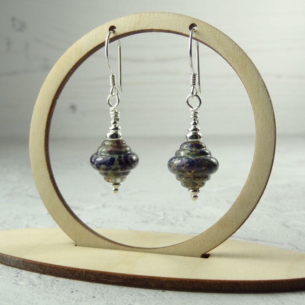 Blue & green mottled handcrafted artisan lampwork glass & sterling silver drop earrings ~ length 43mm (LH#89)