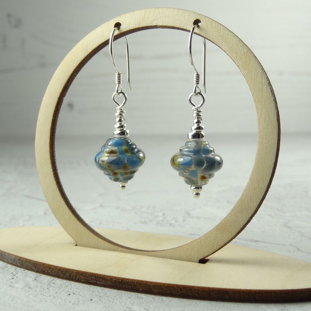 Blue & beige handcrafted artisan lampwork glass & sterling silver drop earrings ~ length 42mm (LH#50)