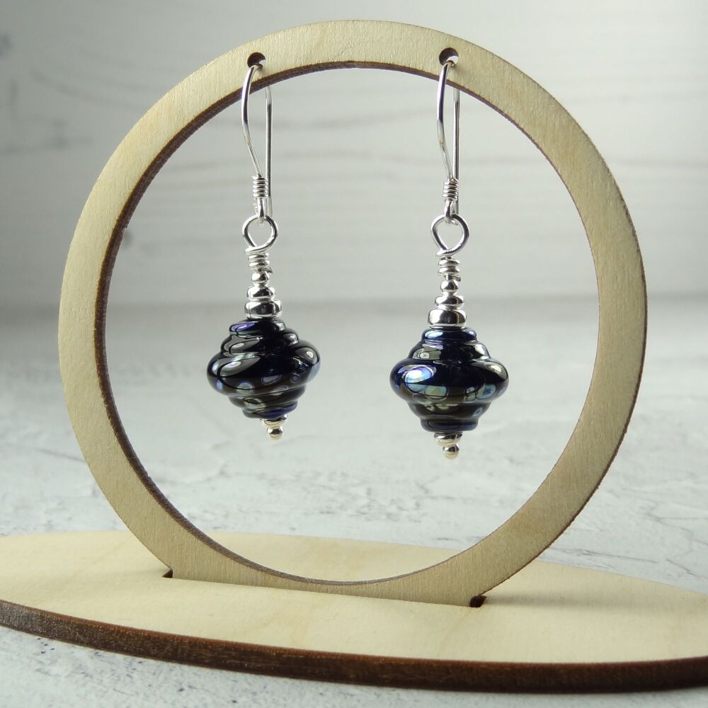 Dark blue handcrafted artisan lampwork glass & sterling silver drop earrings ~ length 42mm (LH#32)