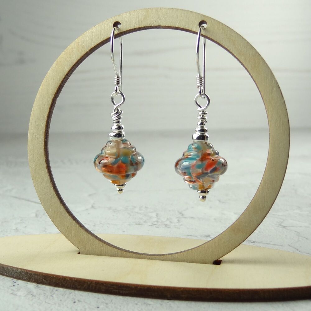 Pink & blue speckled handcrafted artisan lampwork glass & sterling silver drop earrings ~ length 42mm (LH#19)
