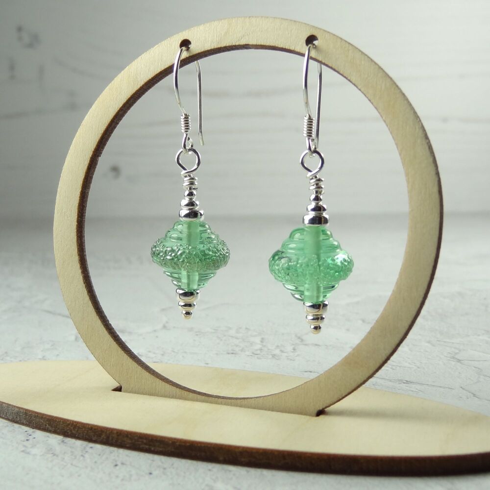 Green handcrafted artisan lampwork glass & sterling silver drop earrings ~ length 45mm (LH#92)