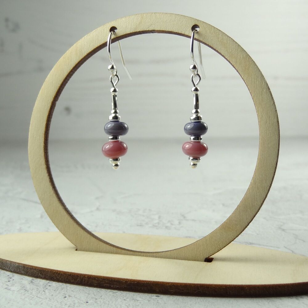 Pink & purple handcrafted artisan lampwork glass drop sterling silver earrings on french wires with twists (#161)