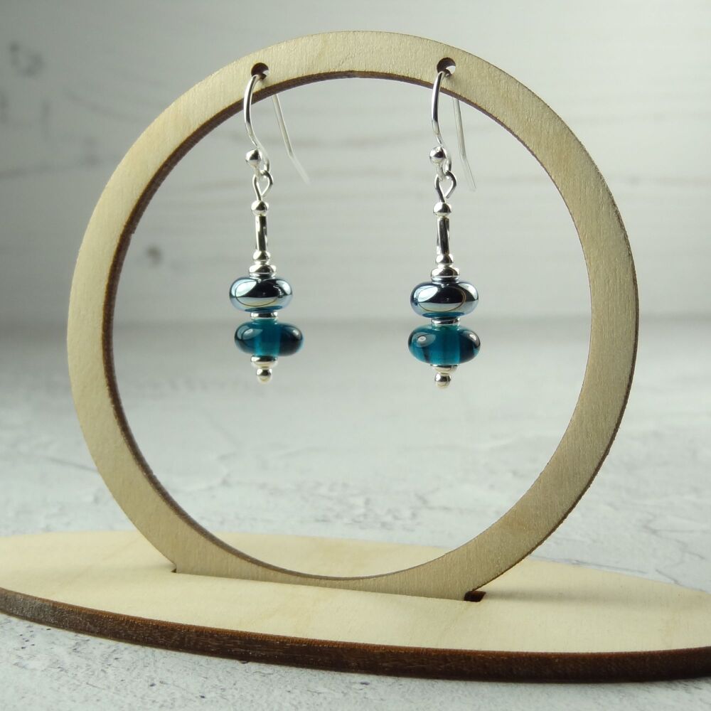 Teal handcrafted artisan lampwork glass drop sterling silver earrings on french wires with twists (#151)