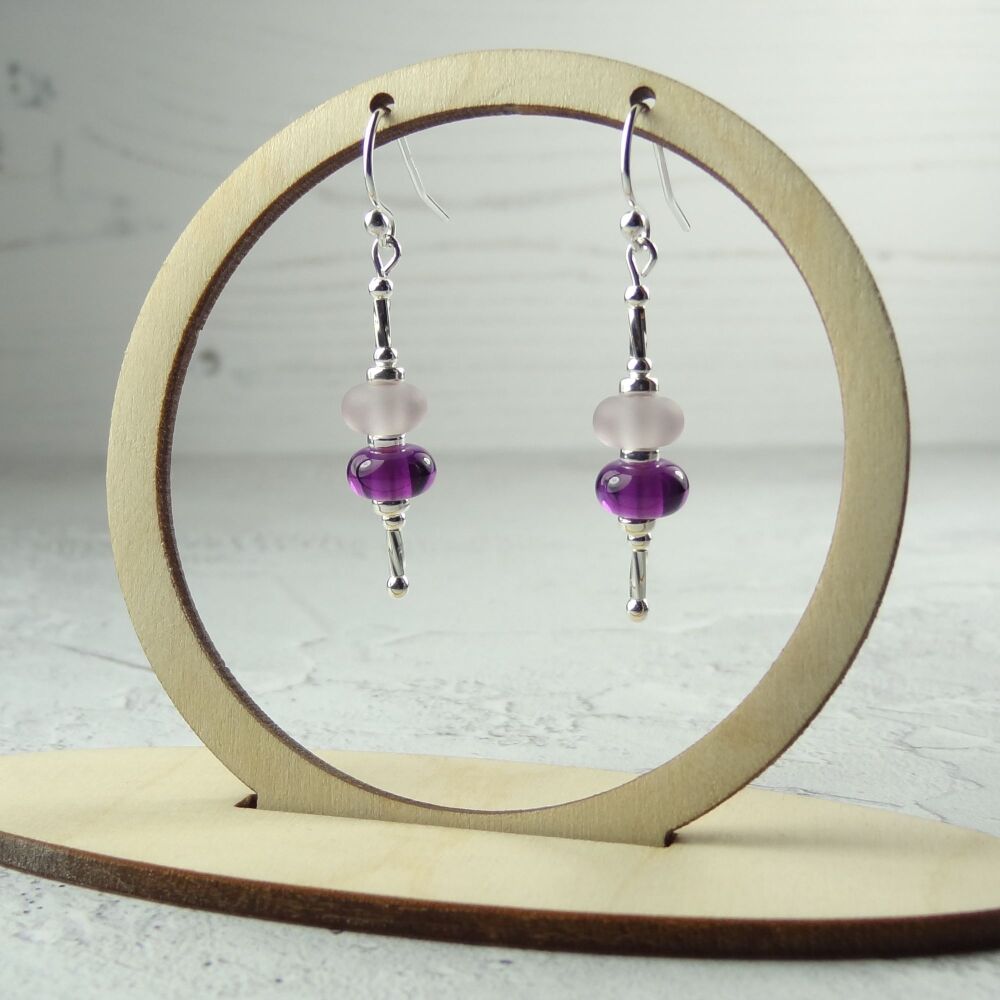Purple handcrafted artisan lampwork glass drop sterling silver earrings on french wires with twists (#219)
