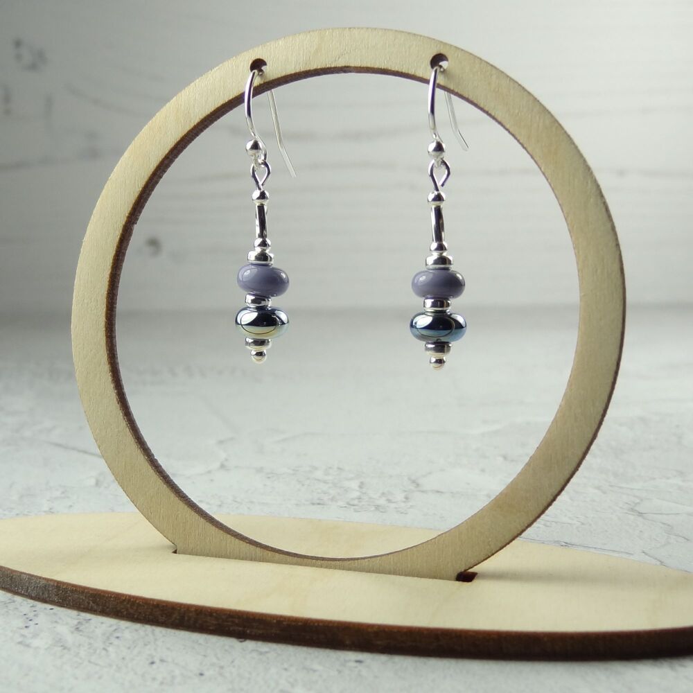Lavender purple handcrafted artisan lampwork glass drop sterling silver earrings on french wires with twists (#174)