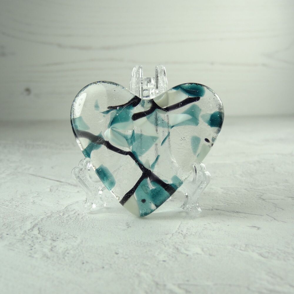 Handcrafted teal blue white & black fused glass heart with a stand - 5 cm (+/-) heart (#246)