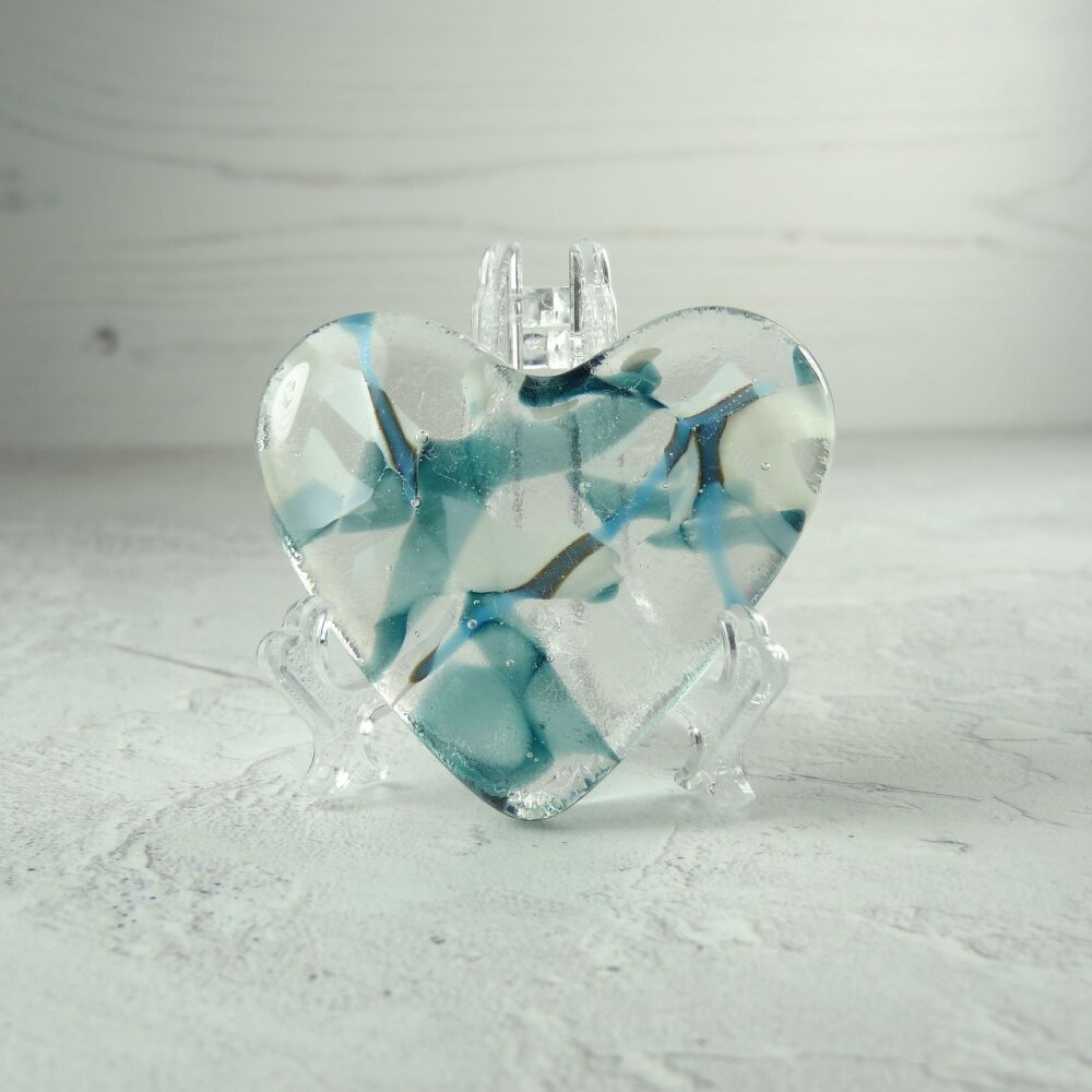 Handcrafted teal blue & white fused glass heart with a stand - 5 cm (+/-) heart (#270)