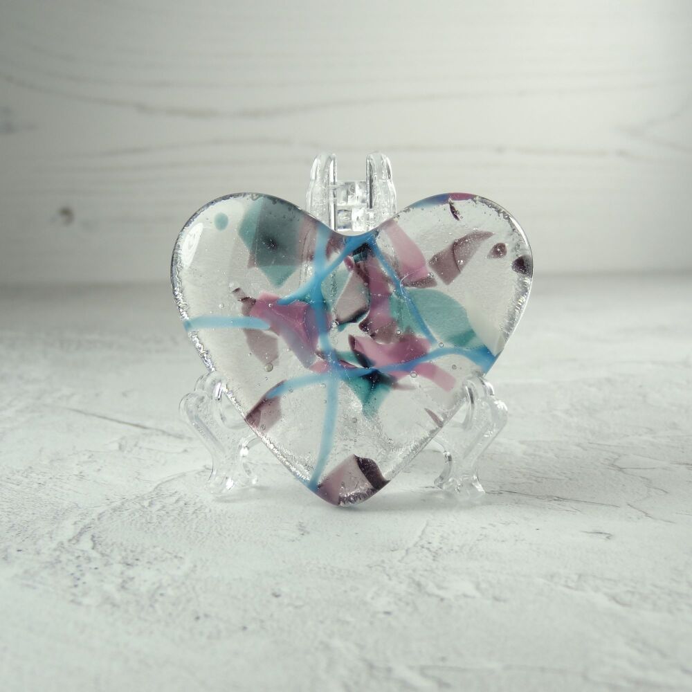 Handcrafted teal blue pink & purple fused glass heart with a stand - 5 cm (+/-) heart (#336)