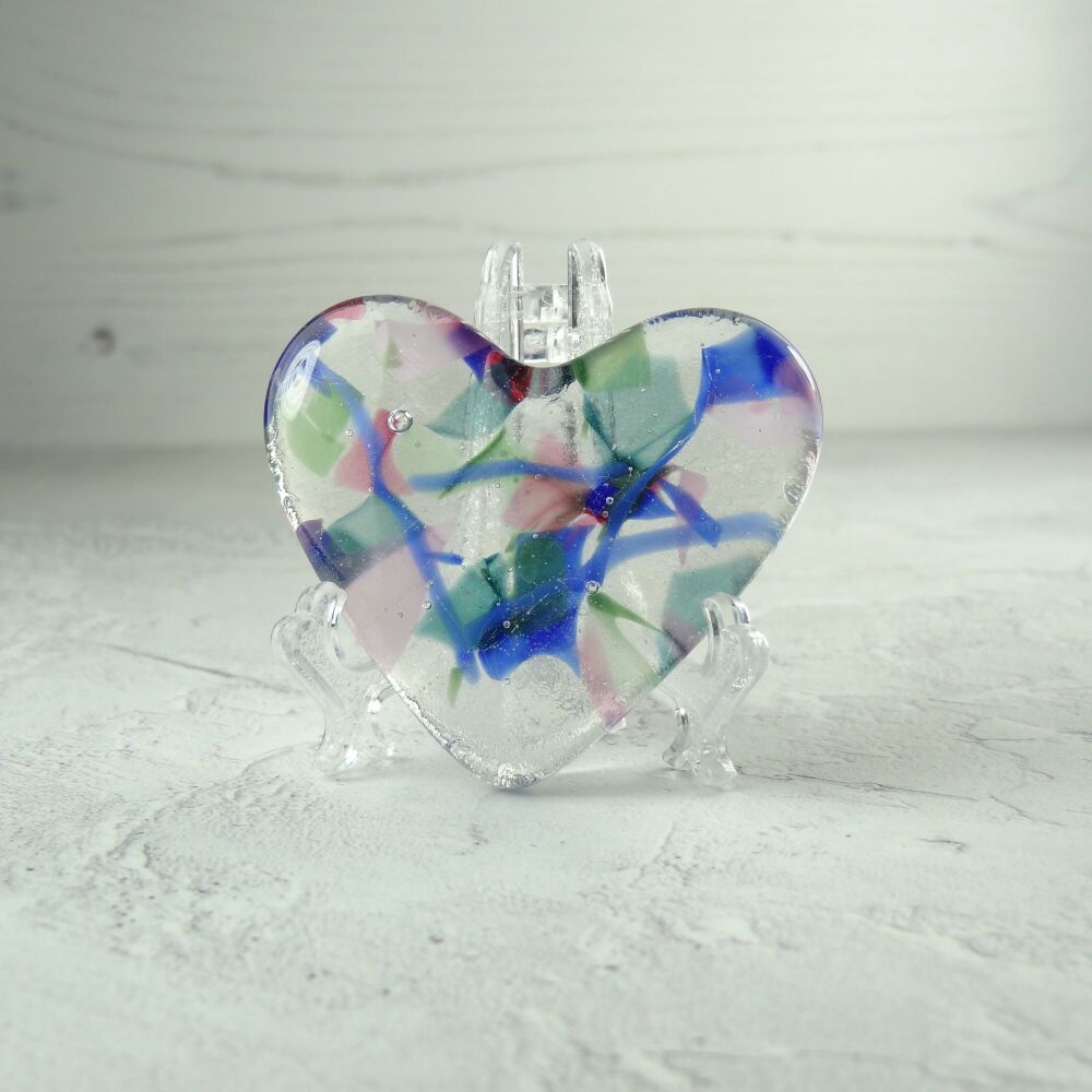 Handcrafted teal blue green & pink fused glass heart with a stand - 5 cm (+/-) heart (#305)