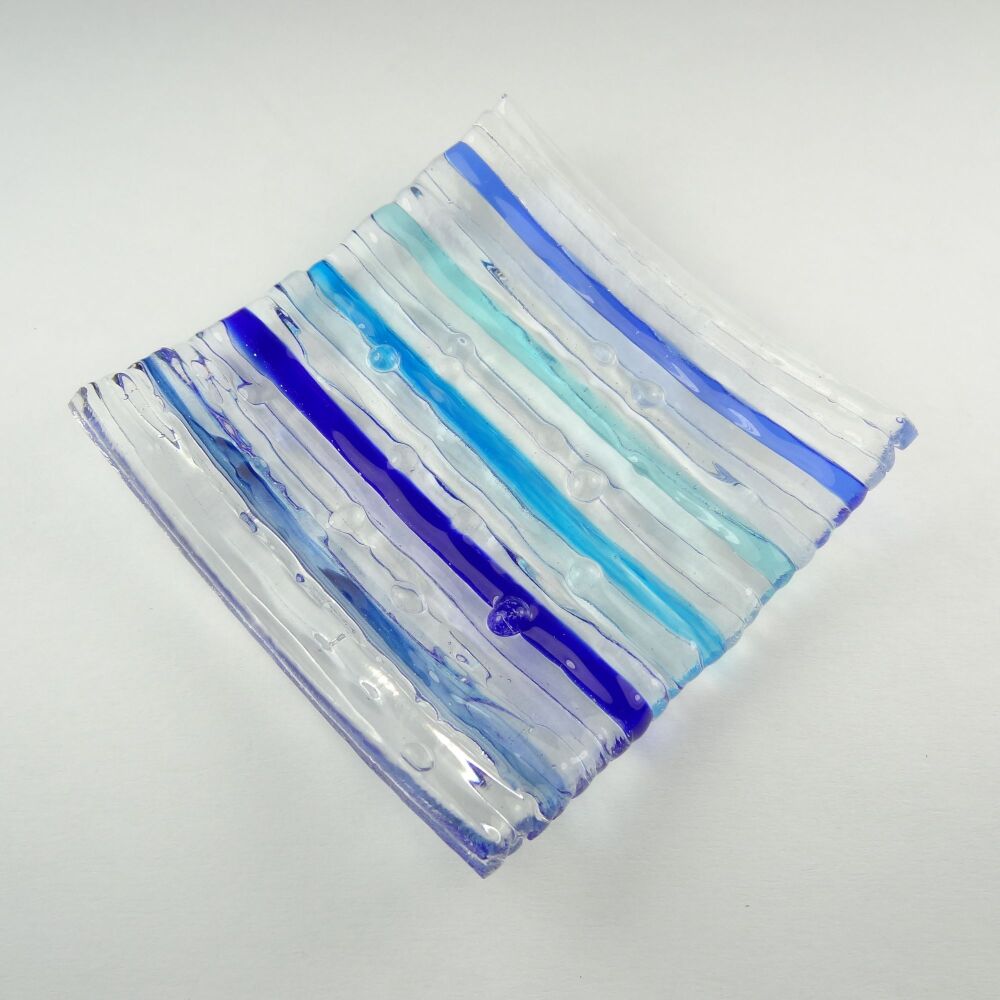 Handcrafted on-edge blue fused glass shallow trinket dish, tea light holder or ornament to display (#13)