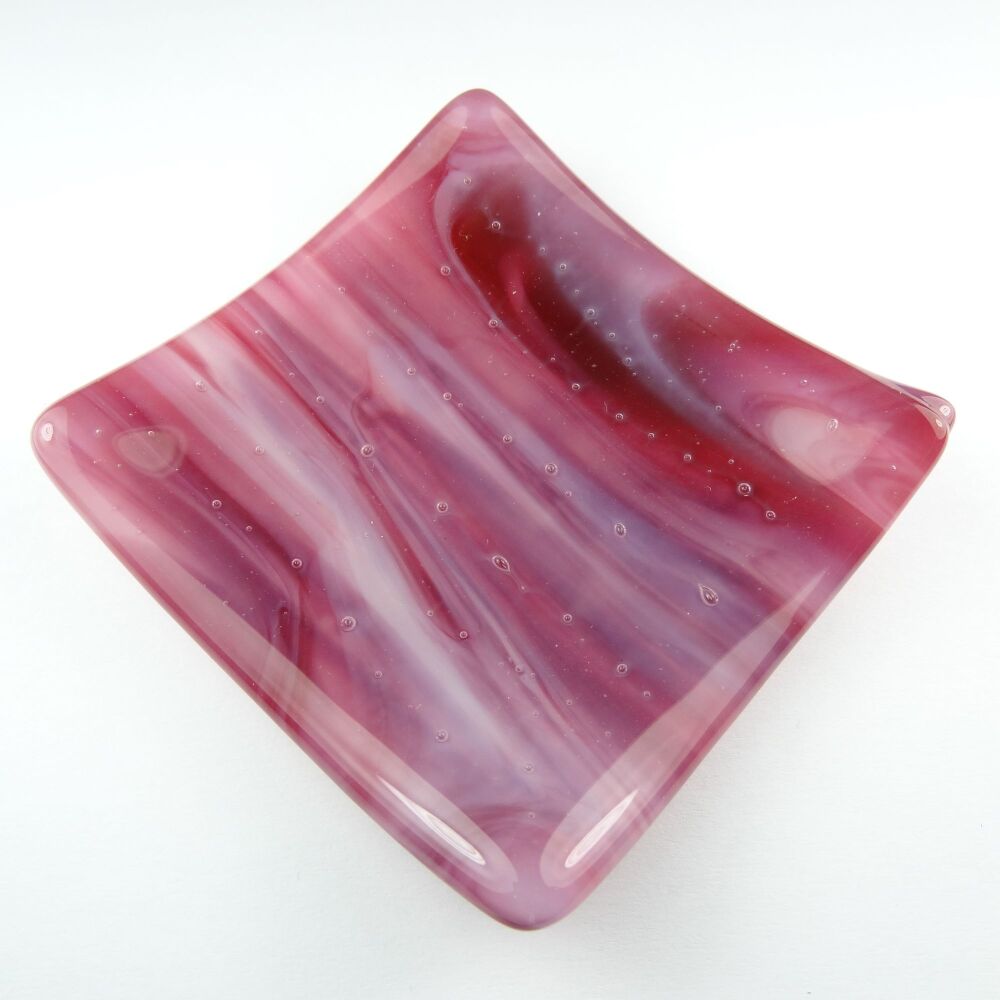 Handcrafted streaky pink fused glass shallow trinket dish (#26)