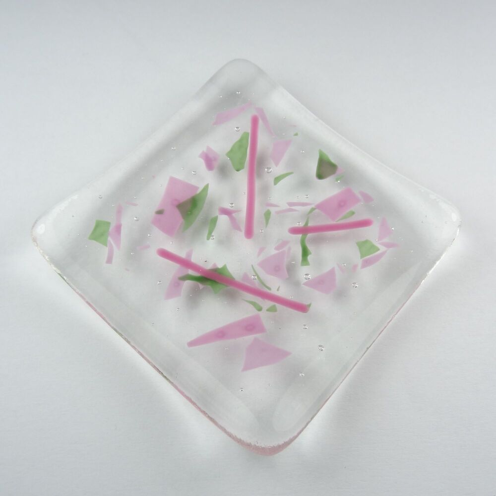 Handcrafted pink & green confetti fused glass shallow trinket dish (#1)