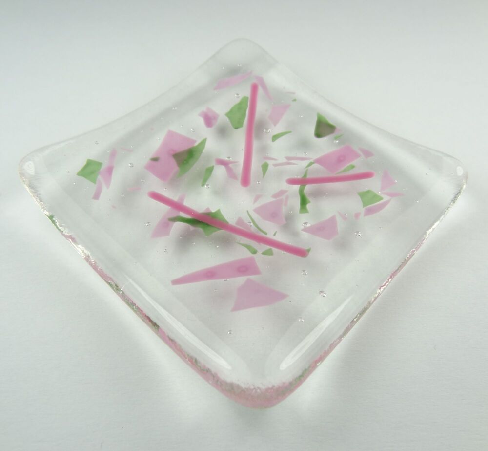 Handcrafted pink & green confetti fused glass shallow trinket dish, tea light holder or ornament to display (#1)