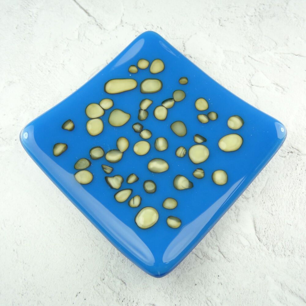 Handcrafted blue and french vanilla cream fused glass shallow trinket dish, tea light holder or ornament to display (#21)