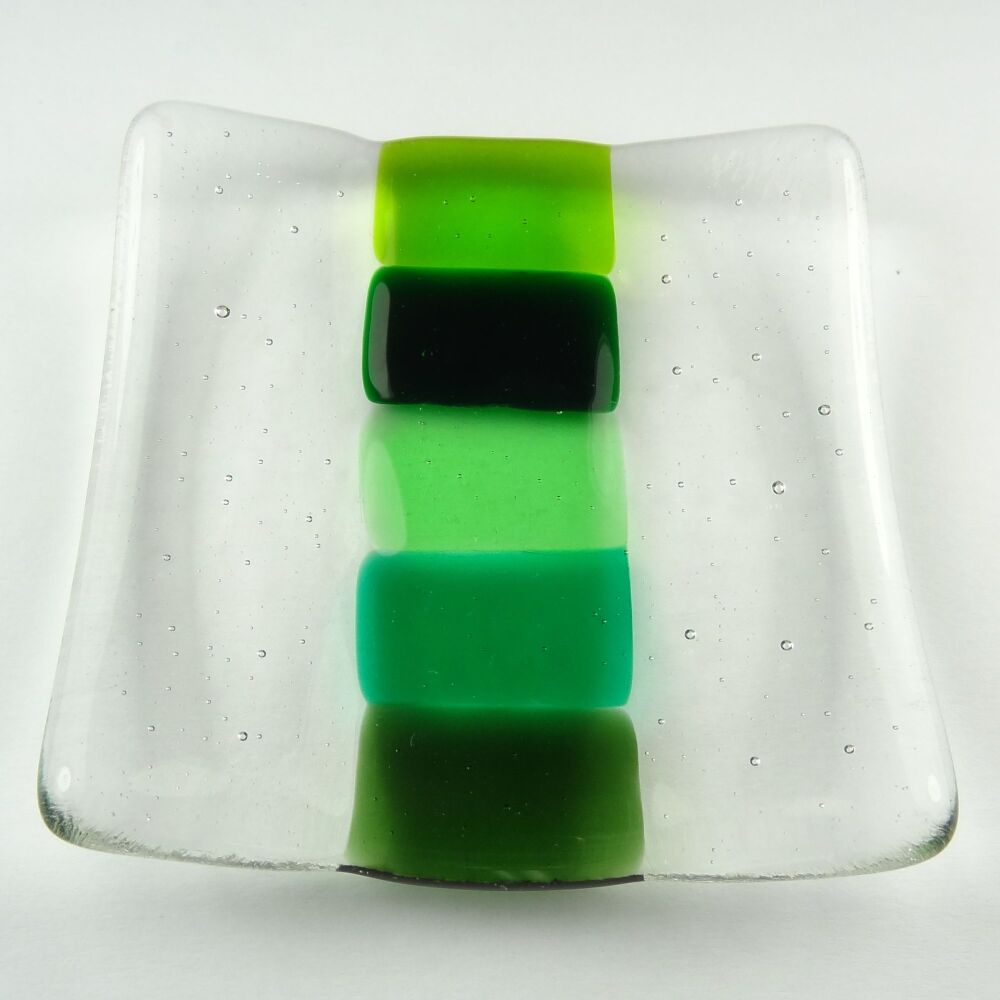 Handcrafted green fused glass shallow trinket dish, tea light holder or ornament to display (#10)