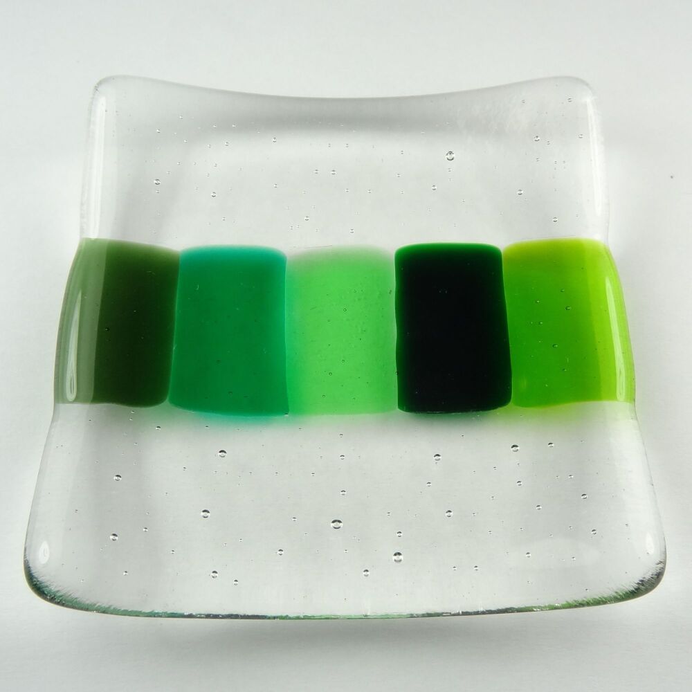 Handcrafted green fused glass shallow trinket dish, tea light holder or ornament to display (#10)