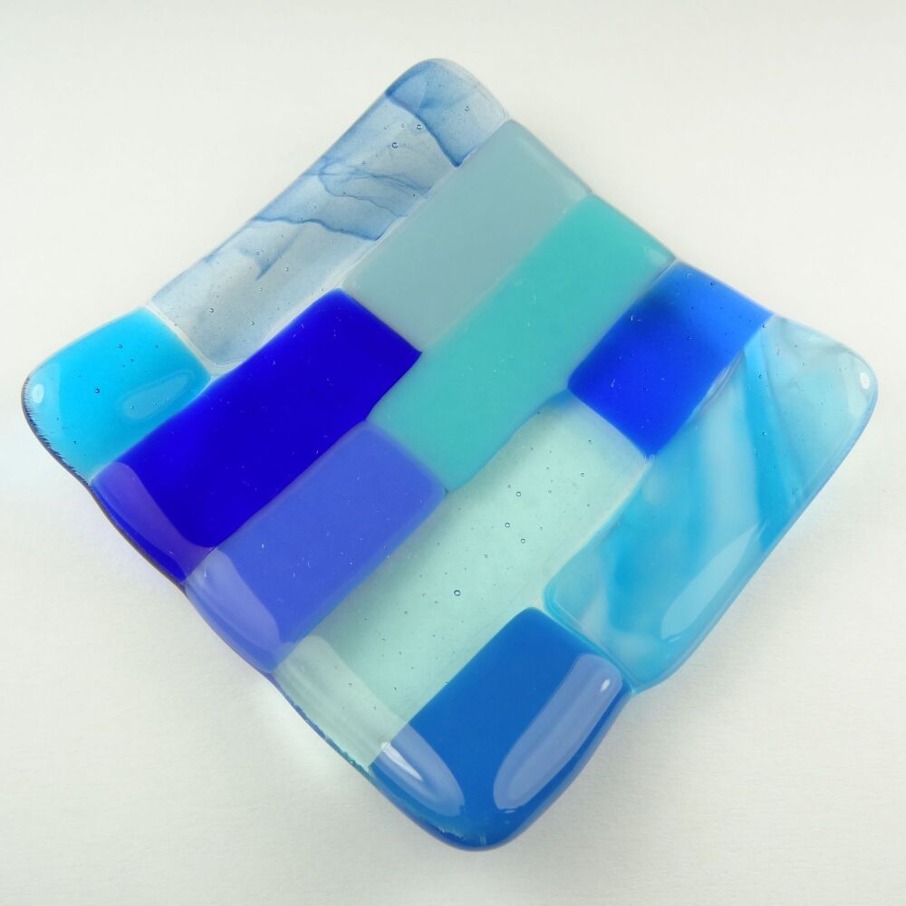 Handcrafted blue fused glass shallow trinket dish, tea light holder or ornament to display (#6)