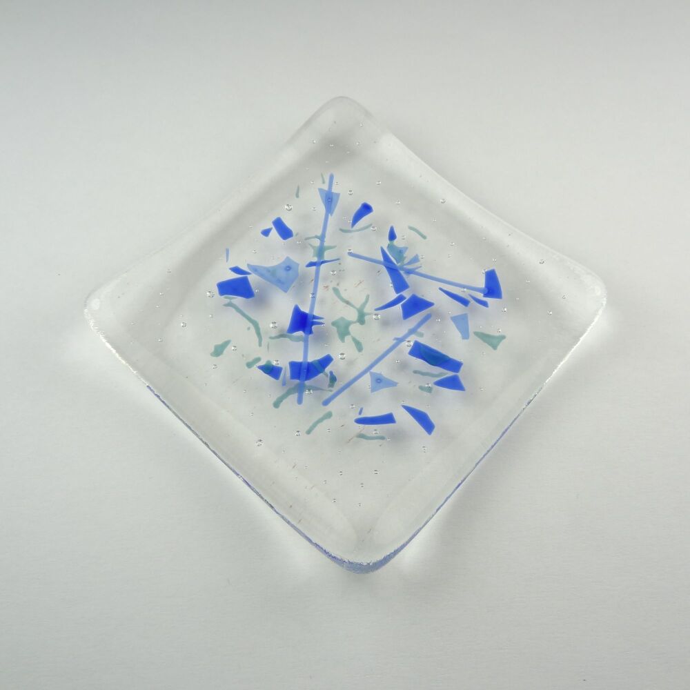 Handcrafted blue confetti fused glass shallow trinket dish, tea light holder or ornament to display (#2)