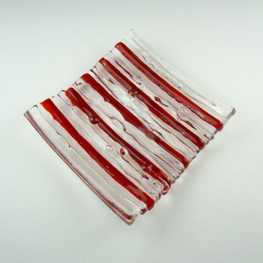 Handcrafted on-edge red fused glass shallow trinket dish, tea light holder or ornament to display (#14)