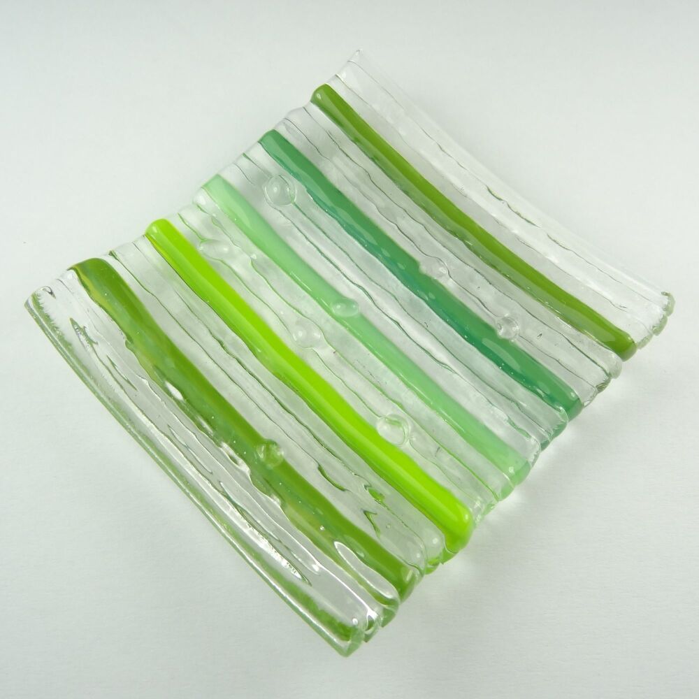Handcrafted on-edge green fused glass shallow trinket dish, tea light holder or ornament to display (#17)