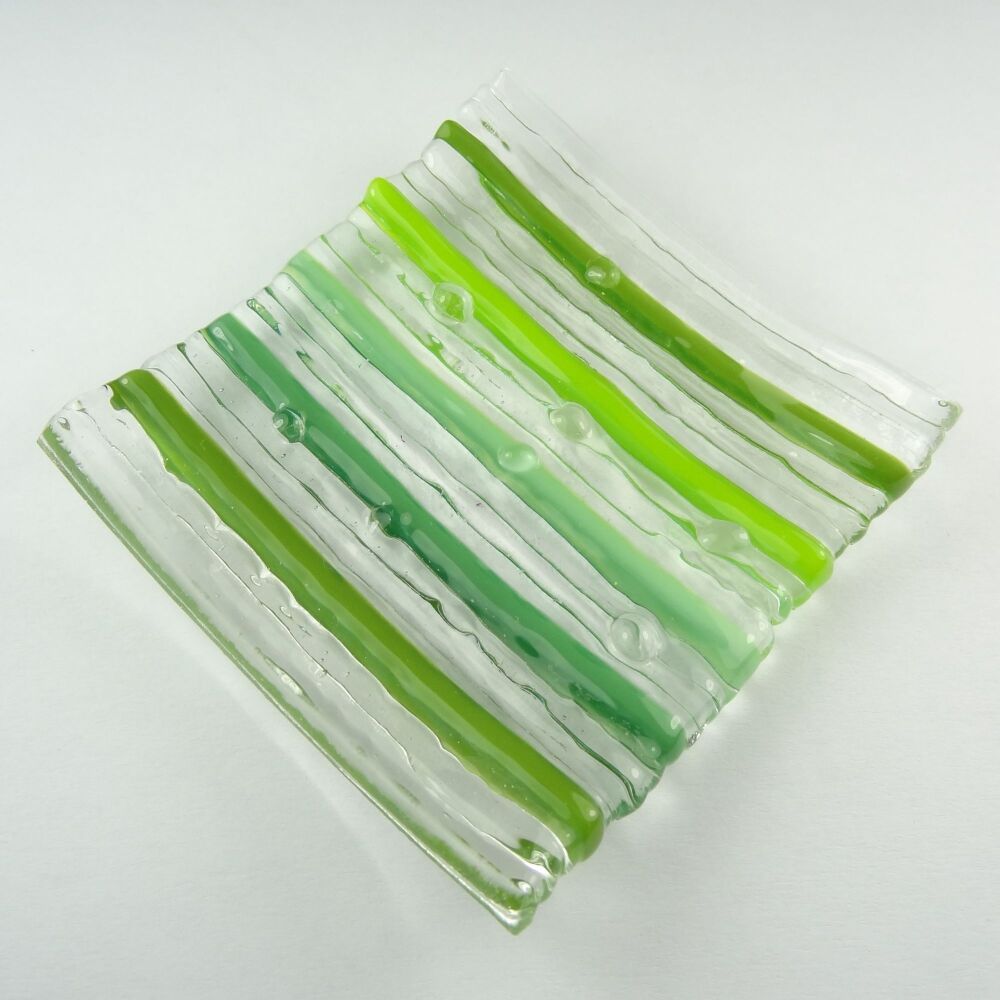 Handcrafted on-edge green fused glass shallow trinket dish, tea light holder or ornament to display (#17)