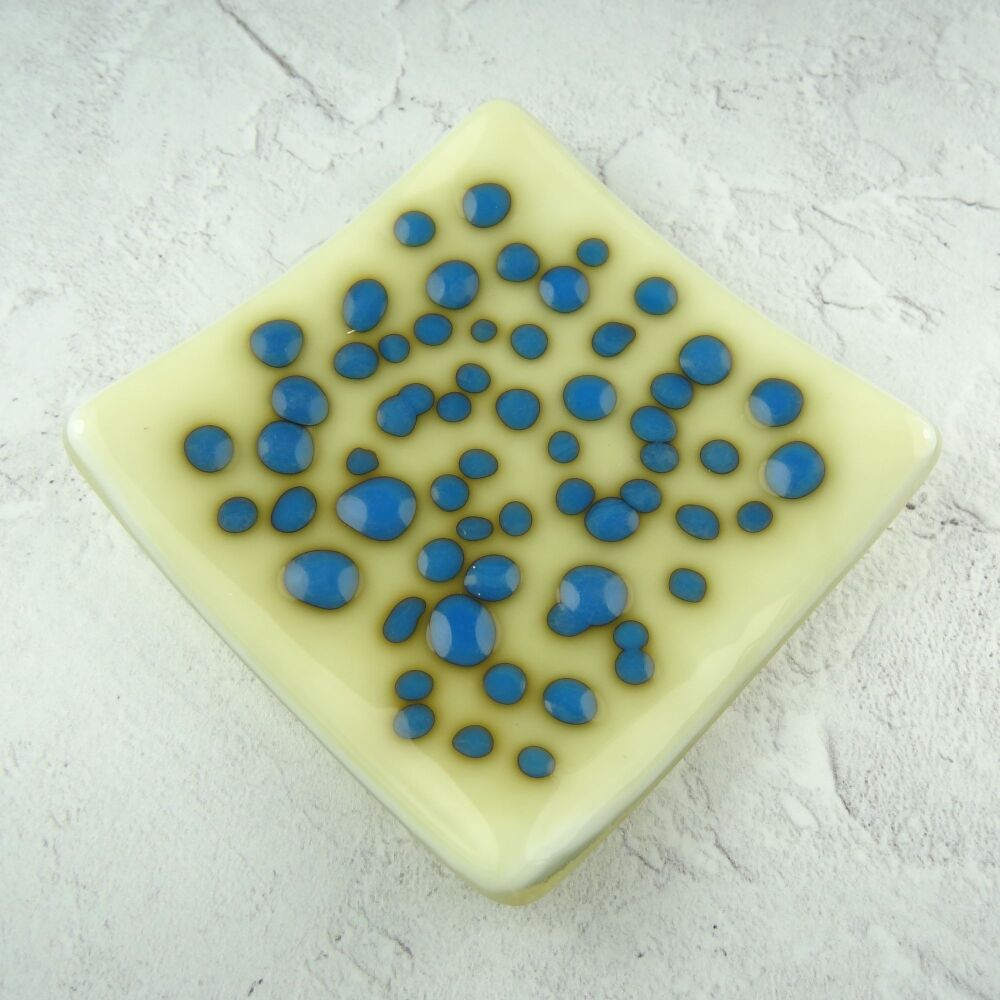 Handcrafted blue and french vanilla cream fused glass shallow trinket dish, tea light holder or ornament to display (#22)