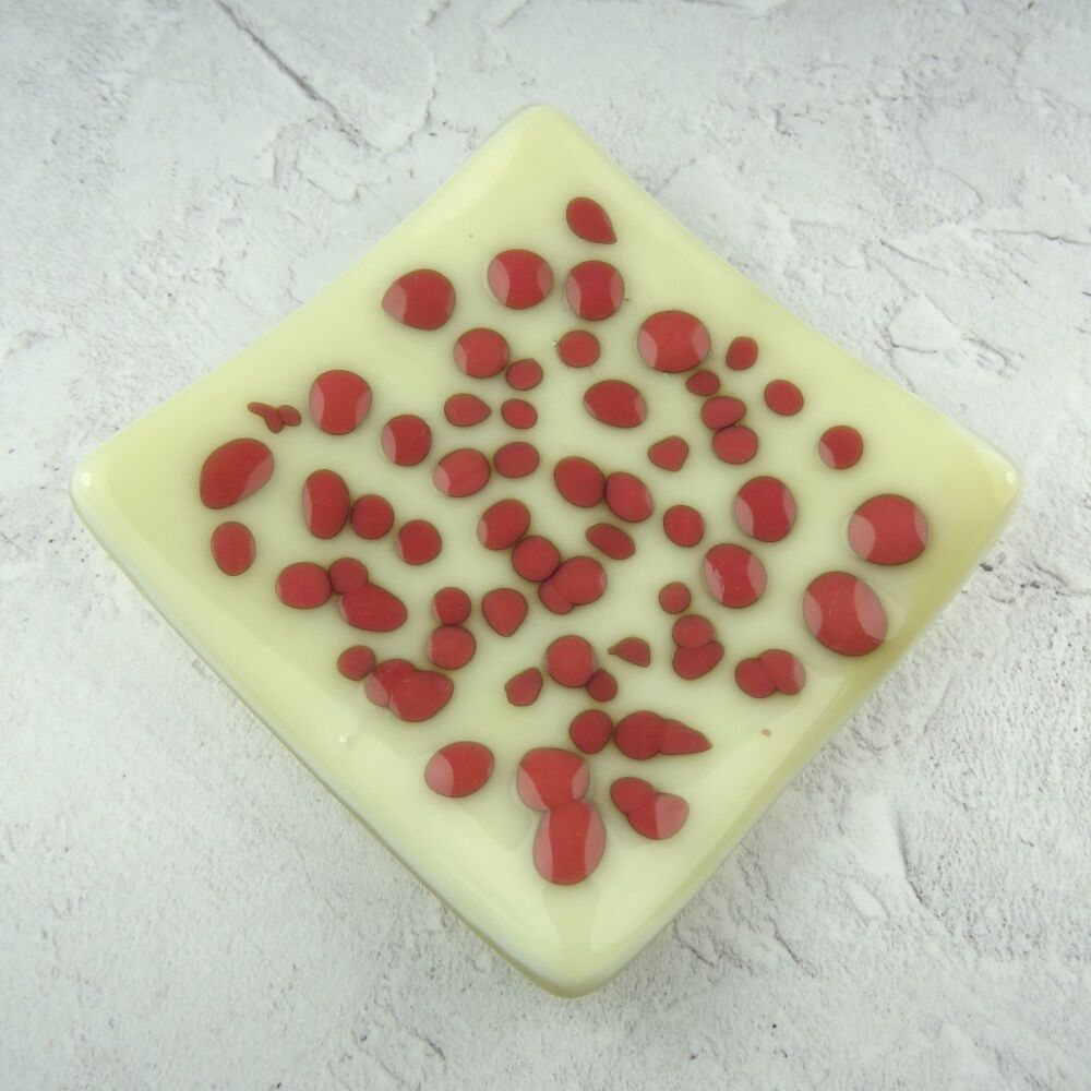 Handcrafted french vanilla cream and pink fused glass shallow trinket dish 