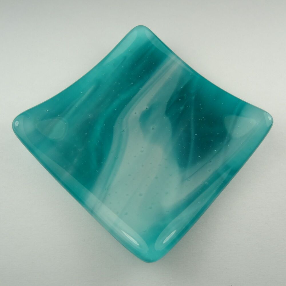 Handcrafted streaky turquoise fused glass shallow trinket dish, tea light holder or ornament to display (#30)
