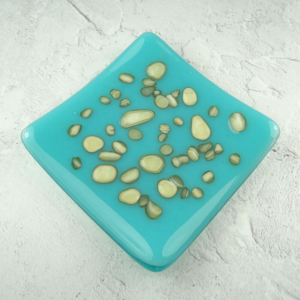Handcrafted turquoise and french vanilla cream fused glass shallow trinket dish, tea light holder or ornament to display (#23)