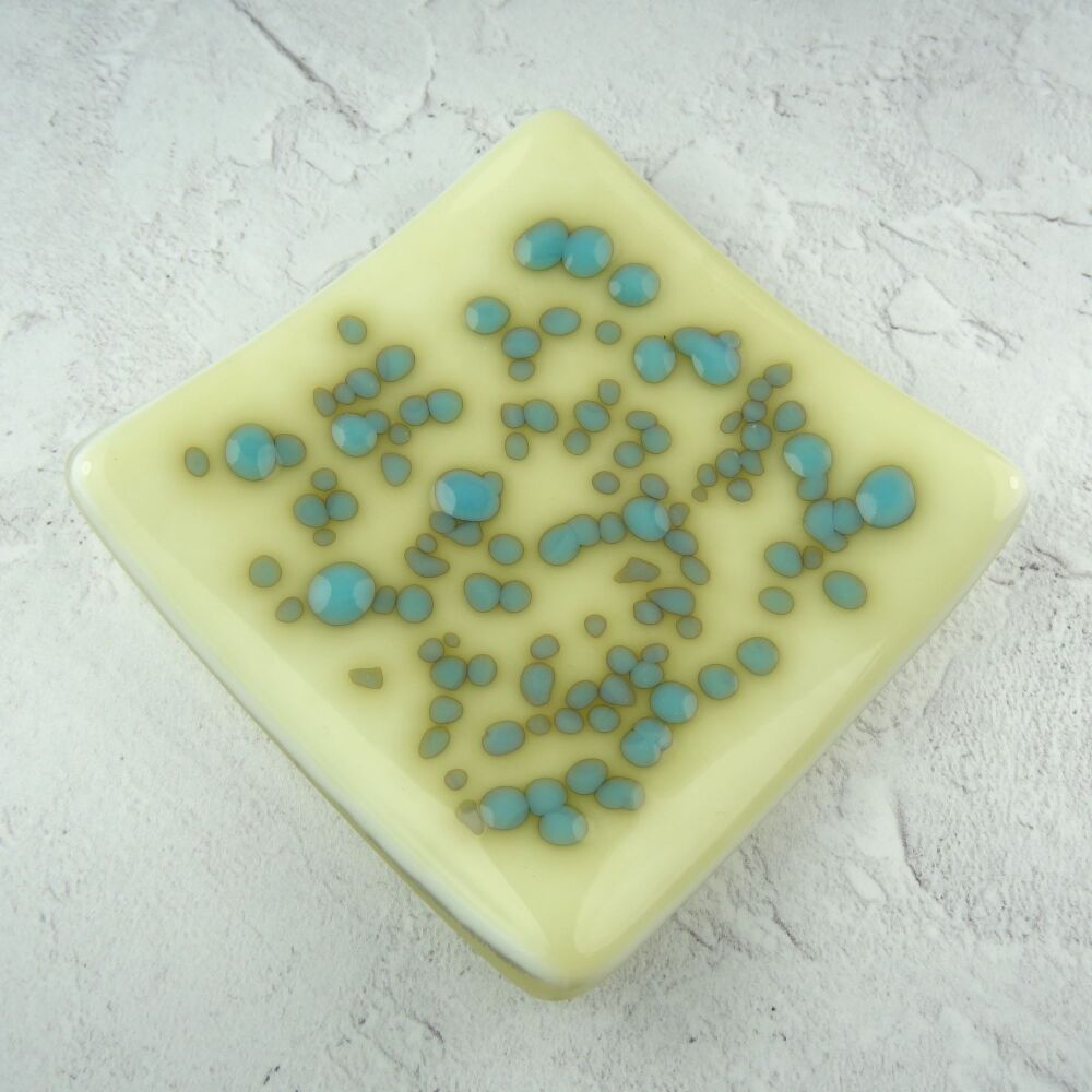 Handcrafted french vanilla cream & turquoise fused glass shallow trinket dish, tea light holder or ornament to display (#24)
