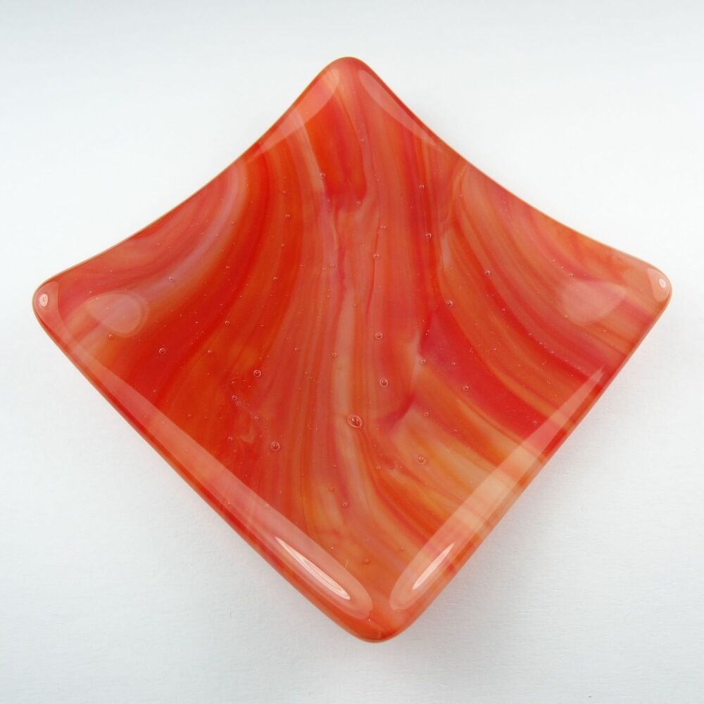 Handcrafted streaky orange fused glass shallow trinket dish, tea light holder or ornament to display (#28)