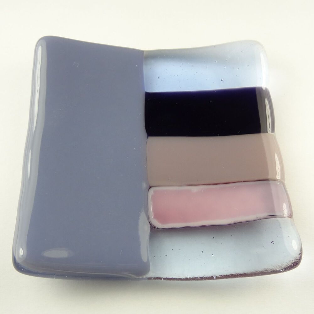 Handcrafted purple colour block fused glass shallow trinket dish, tea light holder or ornament to display (#9)