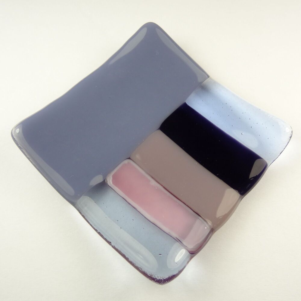 Handcrafted purple colour block fused glass shallow trinket dish, tea light holder or ornament to display (#9)