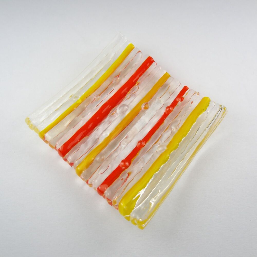 Handcrafted on-edge orange & yellow fused glass shallow trinket dish, tea light holder or ornament to display (#12)