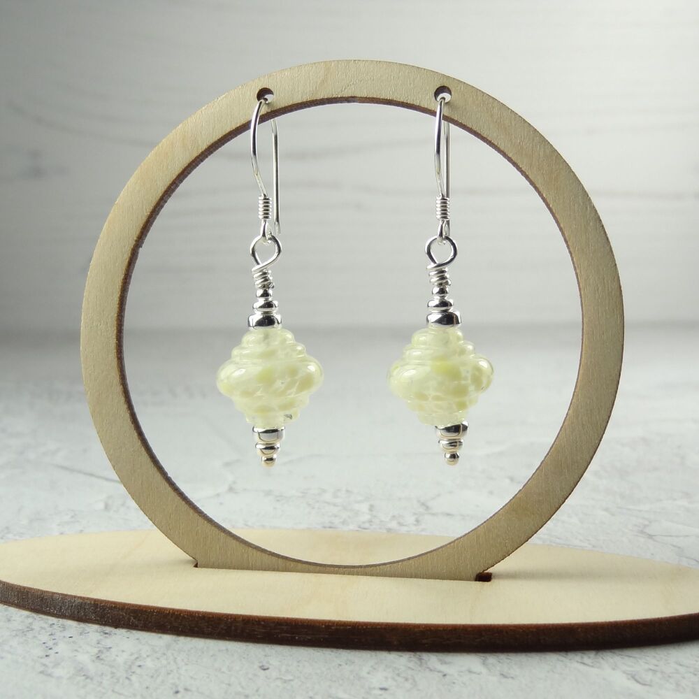 Cream speckled handcrafted artisan lampwork glass & sterling silver drop earrings ~ length 45mm (LH#34)