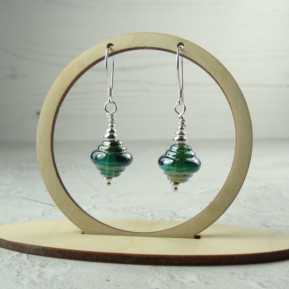 Green handcrafted artisan lampwork glass & sterling silver drop earrings ~ length 44mm (LH#87)