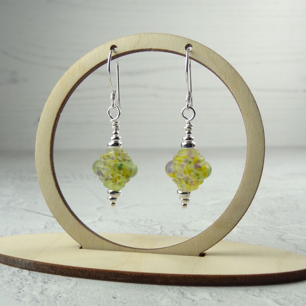 Green yellow purple speckled handcrafted artisan lampwork glass & sterling silver drop earrings ~ length 45mm (LH#59)