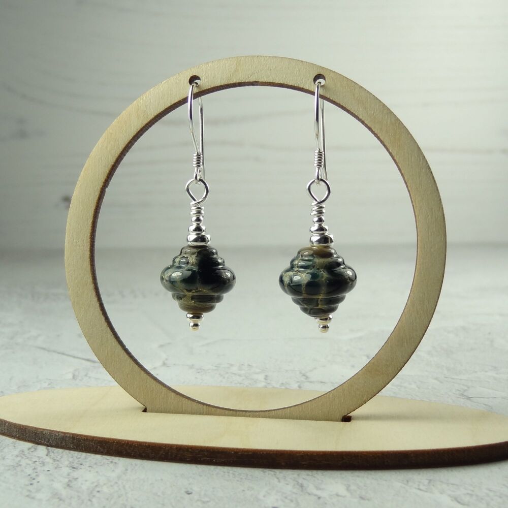 Green & beige handcrafted artisan lampwork glass & sterling silver drop earrings ~ length 42mm (LH#83)
