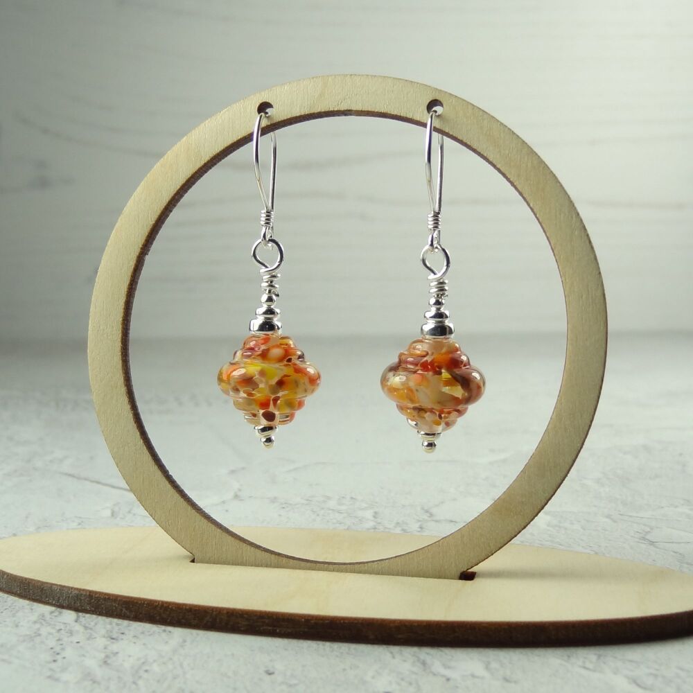 Orange speckled handcrafted artisan lampwork glass & sterling silver drop earrings ~ length 42mm (LH#41)