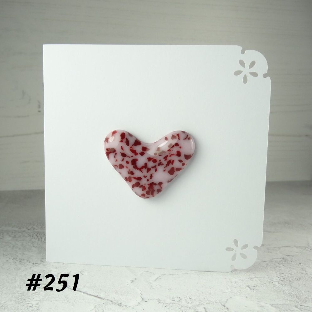 Handcrafted red & pink speckled fused glass heart greeting card any occasion love romance anniversary - 10cm card 4cm heart (#251)