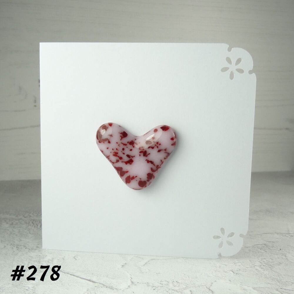 Handcrafted red & pink speckled fused glass heart greeting card any occasion love romance anniversary - 10cm card 4cm heart (#278)